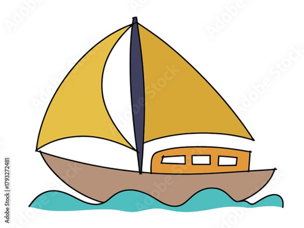 Obraz A cartoon sailboat with yellow sails navigates on blue waves.