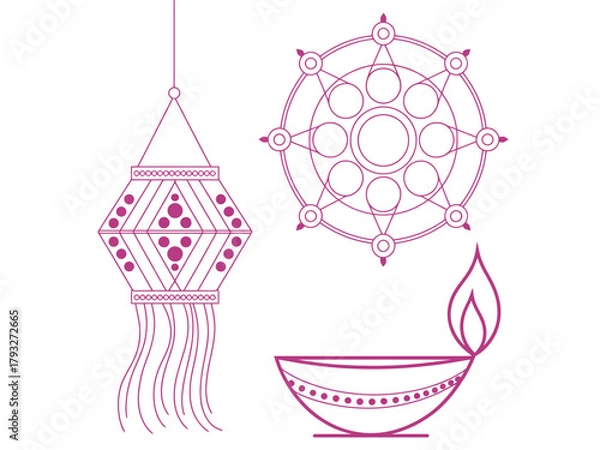 Obraz A decorative lantern, a Dharma wheel, and a diya lamp are depicted in purple outline.