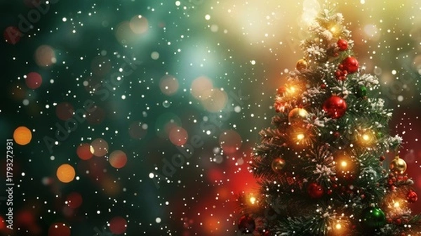 Obraz Sparkling festive Christmas tree adorned with glowing lights and red ornaments amidst falling snow and bokeh blur, creating a magical holiday atmosphere.