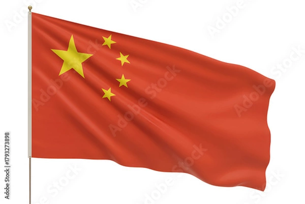Fototapeta 3D Waving China Flag – Realistic Red Fabric with Golden Stars on White Background