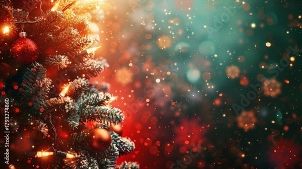 Obraz Captivating close up of a decorated Christmas tree with glowing lights and festive ornaments, creating a warm and magical holiday atmosphere.