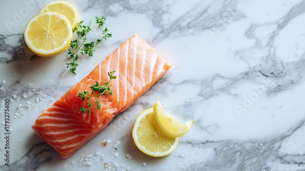Fototapeta Raw salmon fillet with lemon slices, herbs, and seasoning on a marble background. Perfect for seafood recipes, cooking visuals, and healthy eating themes.