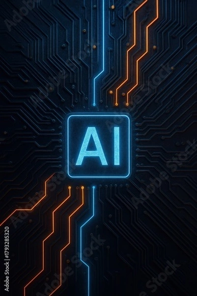 Fototapeta Futuristic glowing AI circuit board design with electric pathways & connectivity