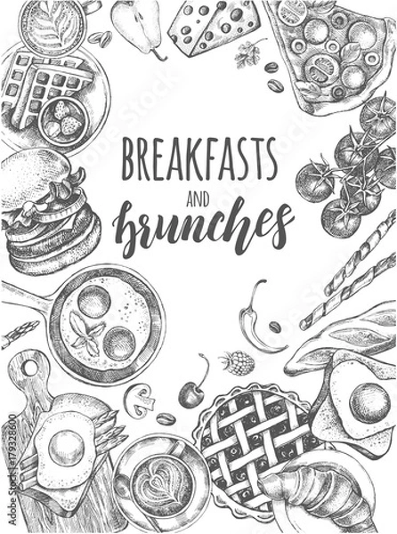 Fototapeta Background with ink hand-drawn food and drinks. Breakfast and brunch elements composition with brush calligraphy style lettering. Vector illustration. Menu, signboard, leaflet design template.