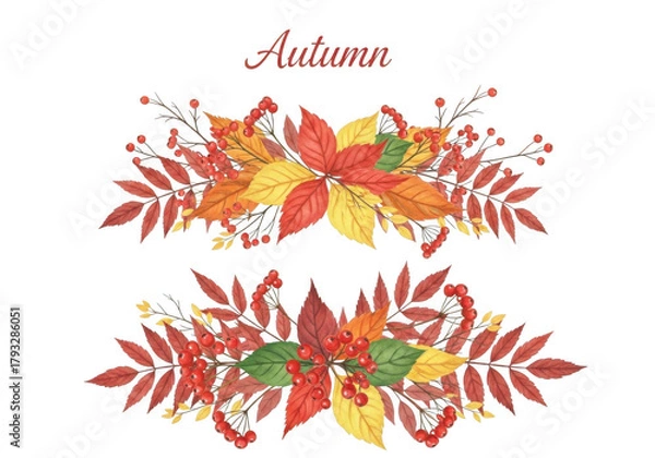 Fototapeta Watercolor autumn floral arrangement with red and yellow leaves and berries, isolated on transparent background