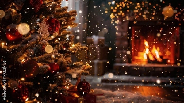 Obraz Cozy Christmas scene with glowing fireplace, decorated tree, falling snow, and warm bokeh lights evoking festive holiday spirit and winter magic