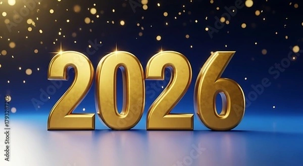 Fototapeta Golden 3d numbers 2026 with sparkling lights on a dark blue background