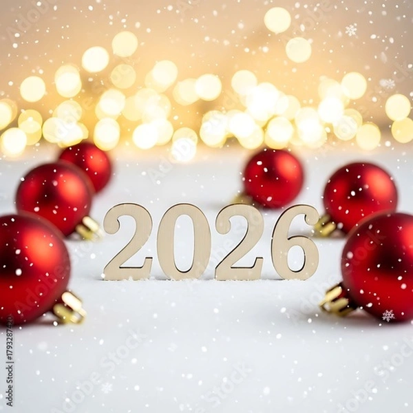 Fototapeta New year 2026 celebration with red ornaments and bokeh lights