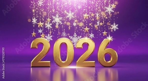 Fototapeta Golden 2026 numbers with sparkling snowflake and star confetti on purple background
