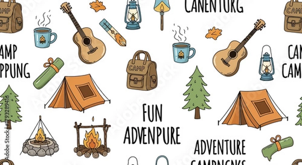 Fototapeta Camping adventure seamless pattern with tents guitars and campfires.