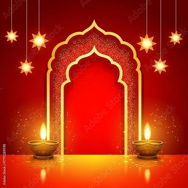 Fototapeta Ornate archway with diyas and lanterns for diwali celebration