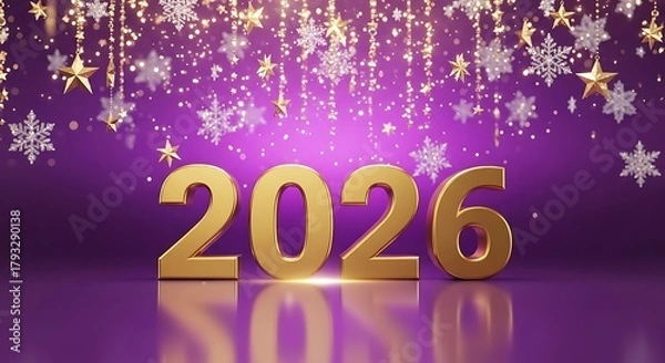 Fototapeta Golden 2026 numbers illuminated against a sparkling purple background with falling snowflakes and stars