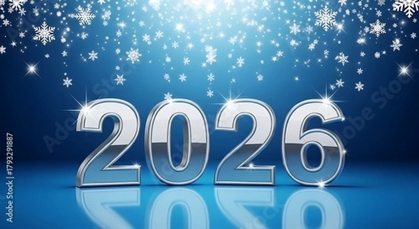 Fototapeta Shiny silver 2026 numbers with falling snowflakes and bokeh lights