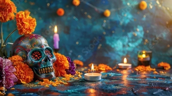 Obraz Vibrant sugar skull adorned with intricate floral patterns, surrounded by marigolds and flickering candles, creating a mystical Day of the Dead celebration atmosphere.