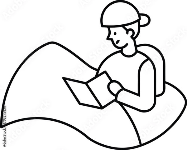 Fototapeta Traveler Reading Map on Hill Line Art Vector Illustration Isolated on White Background