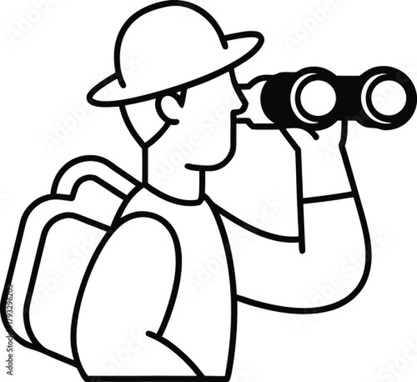 Fototapeta Traveler with Binoculars Line Art Vector Illustration Isolated on White Background