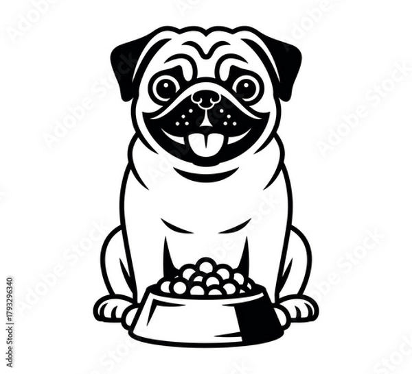 Fototapeta A happy pug dog sitting in front of its food bowl, black and white illustration.
