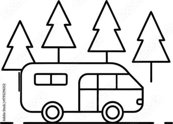 Fototapeta Camping Van Parked Near Trees Line Art Vector Illustration Isolated on White Background