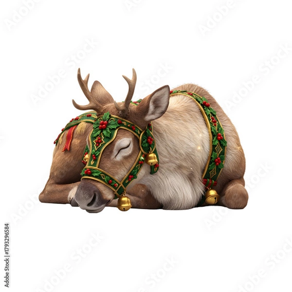 Fototapeta A peaceful reindeer adorned with festive holiday decorations, transparent background, isolated, transparent background, isolated