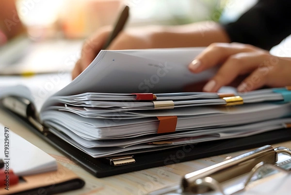 Obraz Business Documents and Reports with Hands Writing Notes