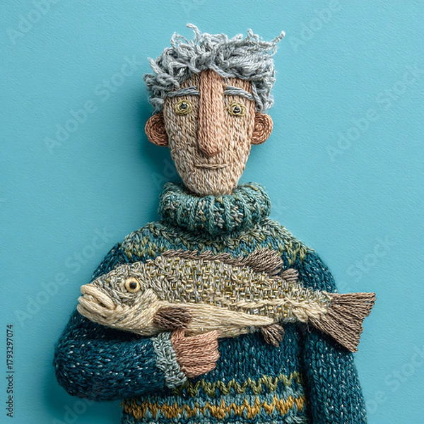 Fototapeta Embroidery Art of Fisherman Holding Fish