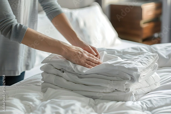 Fototapeta Folding Fresh White Bed Linens on Cozy Bed