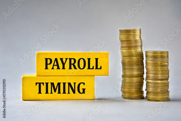 Fototapeta PAYROLL TIMING - words on yellow wooden blocks on the background of stacks of coins