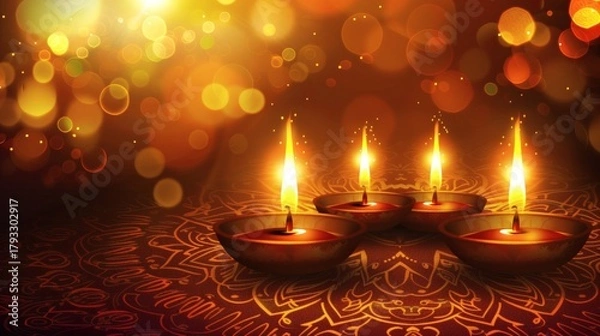 Obraz Captivating Diwali festival scene with glowing diyas illuminating intricate traditional patterns and warm bokeh lights creating a magical ambiance