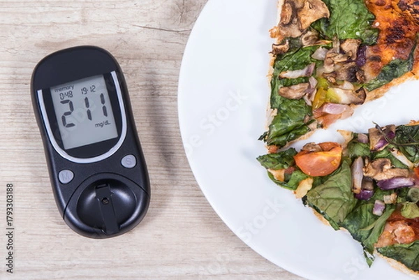 Obraz Glucose meter for sugar level control and piece of vegetarian pizza. Nutrition and eating fast food during diabetes