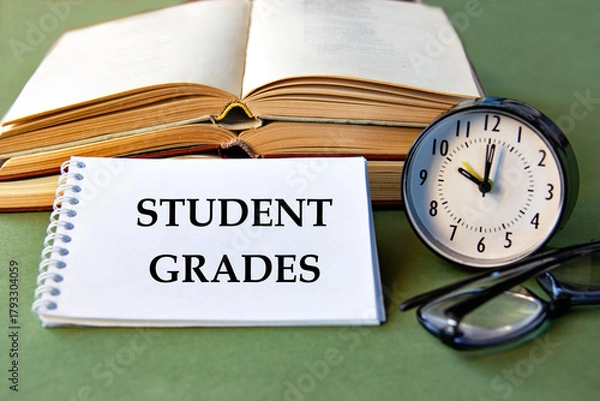 Fototapeta STUDENT GRADES text notebook with alarm clock, glasses and books on a green background