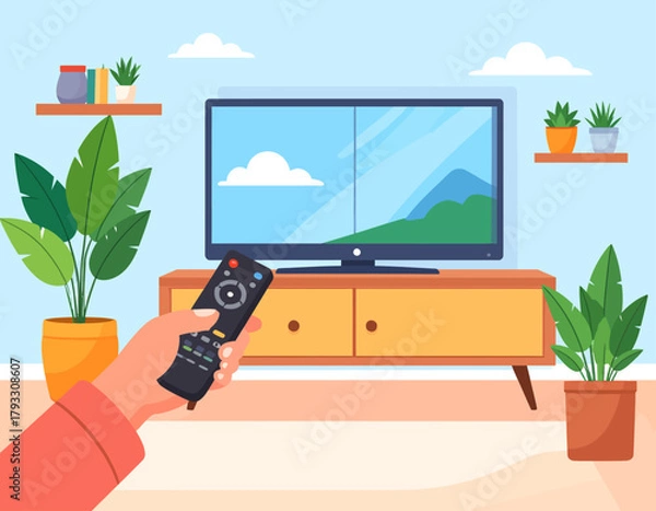 Fototapeta Illustration of a hand holding a remote control pointed at a television displaying a landscape scene in a cozy living room setting.