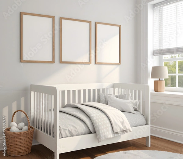Fototapeta Bright nursery room with crib and blank canvases