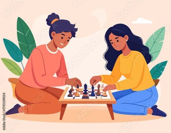 Fototapeta Two young women are playing chess on a small table, kneeling on the floor, surrounded by stylized leaves and a light background.