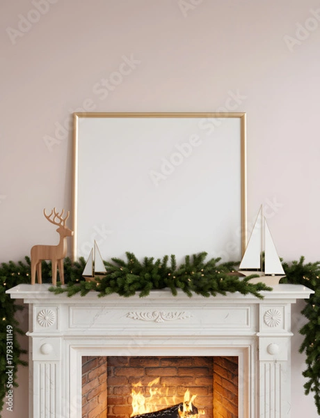 Obraz Blank frame above a decorated fireplace with christmas garland