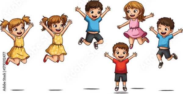Obraz Happy cartoon children jumping, joyful kids illustration, playful childhood moment, colorful vector art, flat style, fun, energetic, smiling faces, outdoor scene