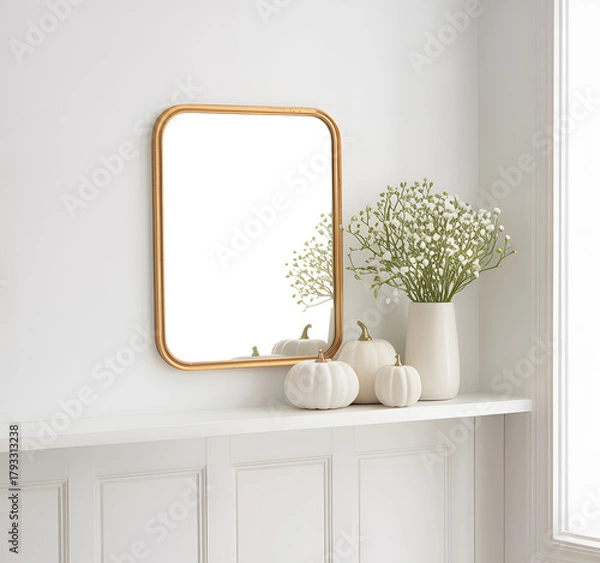 Fototapeta Elegant mirror and autumn decor on a white shelf