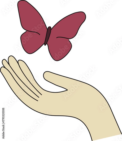 Obraz Gentle hand releasing butterfly, minimalist illustration of freedom, transformation, peace, spring nature, and mindfulness concept