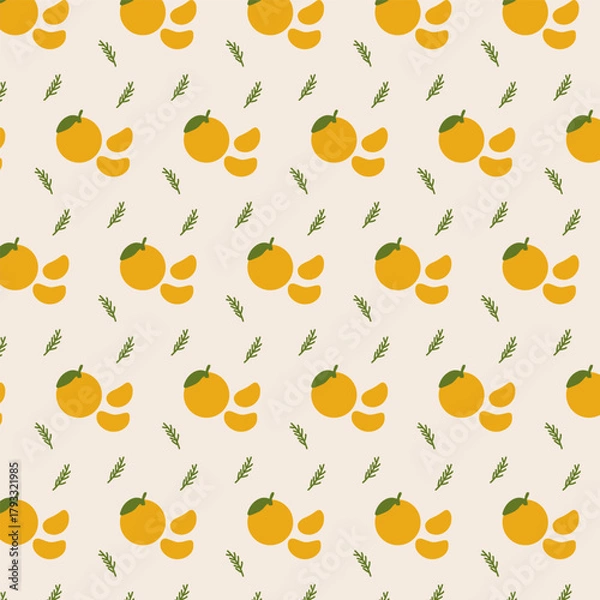 Obraz Christmas orange and greenery pattern, festive citrus winter background, New Year fruit texture, holiday decoration illustration