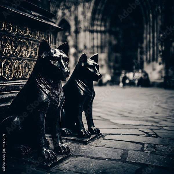 Obraz Ancient Cat Statues in Gothic Setting
