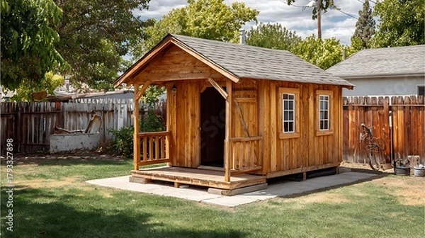 Fototapeta A rustic wooden shed stands in a backyard, showcasing its simple design and natural materials, blending into the surrounding landscape with its charming and functional structure