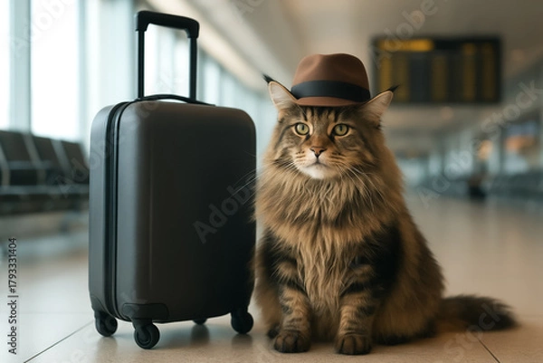 Fototapeta A fluffy Maine Coon cat wearing a stylish brown fedora hat and a determined expression poses next to a suitcase in a brightly lit airport terminal or transportation hub. Pet travel background.