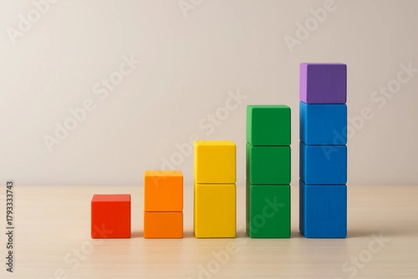 Obraz ascending bar chart built from colorful wooden blocks with copy space background. abstract symbol of progress, growth, and positive development. upward trend, achievement.