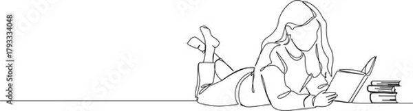 Fototapeta continuous line drawing of girl in prone position on floor reading a book, line art vector illustration