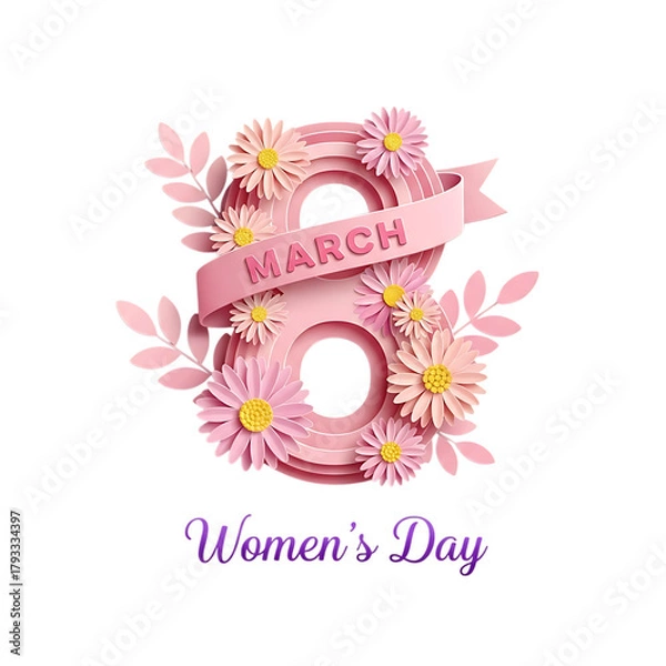 Fototapeta Decorative number 8 with flowers and ribbon for international womens day