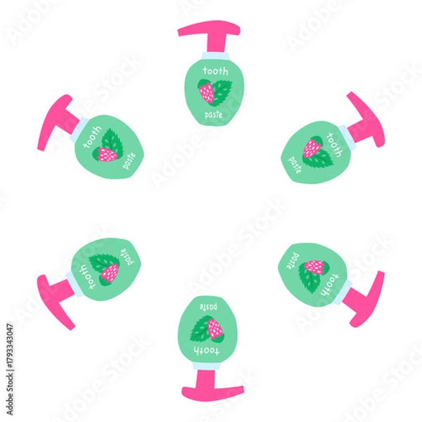 Fototapeta Cute round frame with flat toothpaste in bottles with dispensers isolated on white background. Dental oral care.