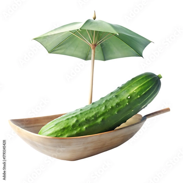 Fototapeta Cucumber Boat with Paper Parasol under Sunlight on a isolated white background. PNG