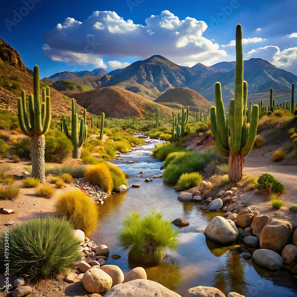 Fototapeta Desert creek, cacti, mountains, arid landscape on a isolated white background. PNG
