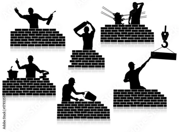 Obraz Workers silhouettes close-up and construction wall