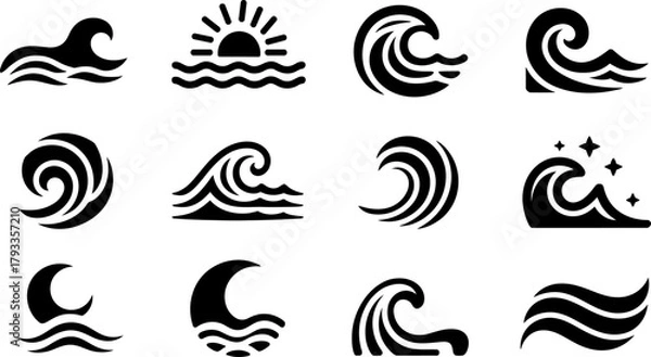 Obraz Collection of various wave icons in black and white style vector
