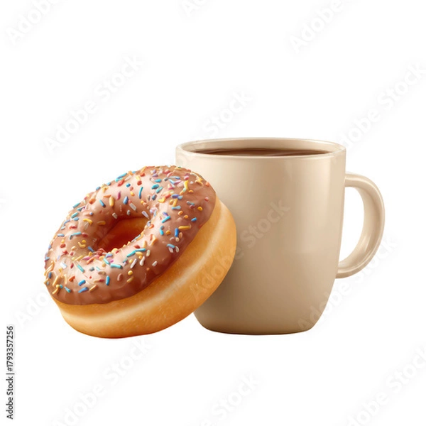 Fototapeta 3D render of a delicious donut with sprinkles leaning against a coffee mug isolated on white background